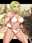 abs alluring amazon_warrior armor athletic_female big_breasts bikini_armor braid crossover female_abs fire_emblem fire_emblem_heroes fit_female golden_axe green_eyes high_res light_green_hair mnejing30 mole mole_under_eye nintendo nott_(fire_emblem) sega sword tyris_flare weapon