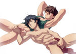 2boys abs armpits arms_behind_head bare_arms bare_legs bare_shoulders black_hair blue_eyes bottomless bottomless_male brown_hair closed_mouth clothed_male_nude_male collarbone completely_nude completely_nude_male couple crossover cum duo expressionless green_shirt green_tank_top gundam gundam_00 gundam_wing half-closed_eyes handjob heero_yuy legs looking_at_another looking_at_penis looking_up lying lying_on_back male/male male_only multiple_boys neck nipples nude nude_male on_back parted_lips red_eyes serious setsuna_f_seiei shirt short_hair simple_background spread_legs szadek tank_top testicle thick_eyebrows thighs uncensored white_background yaoi