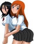  big_breasts black_hair bleach blush breast_grab breasts crosscutter from_behind grey_eyes hair_ornament hairpin inoue_orihime kuchiki_rukia long_hair orange_hair purple_eyes school_uniform short_hair 