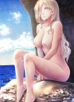  1girl 1girl 1girl between_legs blonde blue_eyes cloud cloudy_sky completely_nude day hair_between_eyes hand_between_legs high_resolution kantai_collection long_hair millipen_(medium) mole mole_under_eye mole_under_mouth nipples nude ocean outside richelieu_(kantai_collection) sitting_on_rock sky tesun_(g_noh) traditional_media watercolor_pencil_(medium) 