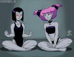  2013 2_girls 2girls breasts callmepo color colored dc_comics dcau female_only grey_skin hair jinx lotus_position multiple_girls non-nude pink_eyes pink_hair pinupsushi purple_eyes purple_hair raven_(dc) smile stardragon77 teen_titans 