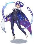 1girl araragi_natsuki bangle blue_eyes bodysuit bracelet cape earrings gojika_(pokemon) gym_leader high_heels highres jewelry milf navel pokemon pokemon_(game) pokemon_xy purple_hair short_hair skin_tight small_breasts smile solo star star_earrings star_print