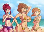 3girls april_o'neil big_breasts bikini black_eyes blue_eyes breasts brown_hair cleavage green_eyes hair multiple_girls multiple_persona red_hair swimsuit teenage_mutant_ninja_turtles wink