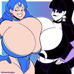  2_girls atomickingboo big_breasts big_breasts black_hair blue_eyes blue_hair breasts gigantic_breasts green_eyes high_res huge_breasts lindel_dollice_quilten multiple_girls original 