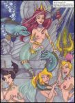  4girls adella andrina ariel&#039;s_sisters arista breasts chains crab crown disney flotsam jetsam king_triton looking_at_viewer mermaid nipple_rings nude prince_eric princess_ariel red_hair republic_of_war sebastian the_little_mermaid trident underwear 