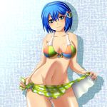  1girl 7-tan bad_id bikini blue_eyes blue_hair blush hair_ornament human light-skinned_female light_skin madobe_nanami microsoft_windows navel os os-tan sarong shin&#039;en_(gyokuro_company) shinryoku_(j-1) short_hair skirt skirt_lift solo swimsuit windows 