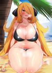 1_girl 1girl big_breasts bikini blonde blonde_hair blush breasts cynthia cynthia_(pokemon) female female_human hair_over_one_eye human kikikitama kneeling krabby long_blonde_hair long_hair mostly_nude on_knees outdoor outside pokemon shirona_(pokemon)