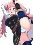  1girl 1girl armpits bangs belt big_breasts black_dress black_footwear blush boots boris_(noborhys) breasts cameltoe commentary_request dress fire_emblem fire_emblem:_three_houses garreg_mach_monastery_uniform high_res hilda_(fire_emblem) hilda_valentine_goneril leg_lift long_hair long_sleeves looking_at_viewer nintendo panties pantyshot pink_hair red_eyes signature simple_background split standing standing_on_one_leg standing_split stockings thigh_high_boots thighhighs_under_boots thighs twin_tails underwear upskirt very_long_hair white_background white_panties 