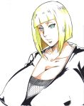 1girl big_breasts blond_hair blonde_hair blue_eyes breasts bust chest clothed erect_nipples eyelashes female gigantic_breasts hair huge_breasts large_breasts looking_at_viewer naruto naruto_shippuden naruto_shippuuden neck nipples samui short_hair simple_background solo sunahara_wataru throat white_background woman