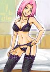 1girl big_breasts black_bra black_panties bra breasts erect_nipples female female_only fishnets garter_belt garters lingerie naruto navel panties pink_hair sakura_haruno solo_female stockings sunahara_wataru thighhighs underwear