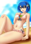  1girl 7-tan :d arm_support beach bikini blue_eyes blue_hair breasts cleavage eyebrows frilled_bikini frills front-tie_top hair_ornament hairband human legs long_legs madobe_nanami microsoft_windows multicolored_eyes navel ocean open_mouth os os-tan shin&#039;en_(gyokuro_company) shinryoku_(j-1) shiny shiny_skin short_hair side-tie_bikini sideboob sitting smile solo swimsuit thighs water windows windows_7 