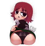  1girl 2019 artist_name ass ass_freckles big_ass big_eyes black_eyes dimples_of_venus egg_shoppe eggshoppe female_only female_solo freckles hair highres human jacket kim_pine looking_back panties red_hair scott_pilgrim skirt skirt_lift sweat underwear 