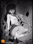 black_hair higurashi_kagome inuyasha legs long_hair miniskirt monochrome open_mouth school_uniform tentacle