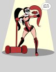 batman_(series) batman_the_animated_series big_breasts capcom cosplay dc_comics dcau harley_quinn looking_at_viewer mallet microphone rainbow_mika rainbow_mika_(cosplay) speech_bubble street_fighter text text_bubble