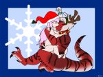  2012 alayta anthro blush breasts christmas closed_eyes dinosaur dwarf female/female female_only hat kissing long_hair mistletoe muscle nude pink_hair reindeer_antlers reptile santa_hat scalie short_hair t-rex thrymr tyrannosaurus yuri 