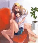  2_girls art bare_legs bare_shoulders barefoot black_hair blonde blonde_hair blue_eyes brown_eyes couch feet female hair_grab happy hood hoodie hug hug_from_behind hugging kirika_yumura kirika_yuumura legs long_hair looking_at_another mireille_bouquet mochako_(motyako) multiple_girls noir one_eye_closed open_mouth plant potted_plant red_eyes rough short_hair shorts sitting sketch skirt sleeveless sleeveless_turtleneck smile sofa turtleneck wink yumura_kirika yuri yuumura_kirika 