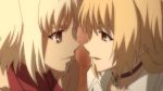 2girls anime blonde_hair brown_eyes canaan canaan_(character) female female_only friends incipient_kiss long_hair looking_at_another love maria_oosawa multiple_girls oosawa_maria short_hair smile white_hair yellow_eyes yuri