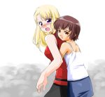  2_girls 2girls arm arms art babe back bare_shoulders black_hair blonde blonde_hair blue_eyes blush brown_eyes brown_hair female from_behind height_difference hug hug_from_behind hugging kirika_yumura kirika_yuumura long_hair looking_at_another looking_back love mireille_bouquet multiple_girls noir open_mouth pencil_skirt short_hair skirt sleeveless sleeveless_turtleneck sweat sweatdrop tank_top turtleneck umekichi yumura_kirika yuri yuumura_kirika 