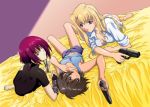  3_girls 3girls arm arms asymmetrical_clothes asymmetrical_clothing barefoot bed black_eyes black_hair blonde_hair blue_eyes bodysuit breasts bridal_gauntlets brown_eyes chloe_(noir) cleavage feet female fingerless_gloves gloves gun gust_(circle) handgun harukaze_soyogu holding kirika_yumura kirika_yuumura knife legs lipstick long_hair looking_at_viewer lying mireille_bouquet multiple_girls navel noir official_art on_back on_side on_stomach open_clothes open_shirt panties pantyshot pistol purple_hair red_eyes red_hair shirt short_hair short_shorts shorts single_elbow_glove single_glove skin_tight sleeves_rolled_up smile soles tank_top toes underwear weapon yumura_kirika yuumura_kirika 