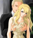 1boy 1girl big_breasts blonde_hair blue_eyes breast_grab couple dress formal from_behind grabbing_from_behind groping long_hair male/female mireille_bouquet noir short_hair suit