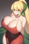 aged_up ai_generated big_breasts blonde_hair blush capcom cleavage dress female_focus green_eyes huge_breasts mature_female mega_man nai_diffusion ponytail red_dress ribbon rockman roll_(rockman) spaghetti_strap stable_diffusion