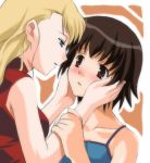  2_girls 2girls arm arm_grab arms art bare_shoulders black_hair blonde blonde_hair blue_eyes blush brown_eyes brown_hair camisole collarbone eye_contact female hair half-closed_eyes hand_on_another&#039;s_cheek hand_on_another&#039;s_face hand_on_face hands_on_another&#039;s_cheeks hands_on_another&#039;s_face hands_on_cheeks height_difference incipient_kiss kirika_yumura kirika_yuumura long_hair looking_at_another looking_down looking_up love lowres mireille_bouquet multiple_girls neck noir parted_lips short_hair sleeveless sleeveless_turtleneck tank_top turtleneck umekichi yumura_kirika yuri yuumura_kirika 