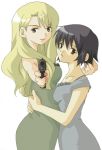 2_girls black_hair blonde_hair blue_eyes dress female gun kirika_yumura kirika_yuumura long_hair mireille_bouquet multiple_girls noir red_eyes short_hair weapon yumura_kirika yuri yuumura_kirika