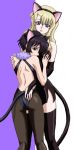 2_girls 2girls animal_ears arm art artist_request babe back bare_back bare_shoulders black_hair black_thighhighs blonde_hair blue_eyes breast_grab bridal_gauntlets brown_eyes cat_ears cat_tail fake_animal_ears female hair_between_eyes hug hugging kirika_yumura kirika_yuumura lips lipstick long_hair looking_at_viewer looking_back looking_down mireille_bouquet multiple_girls nekomimi noir pantyhose purple_background short_hair side_slit smile standing tail thigh_highs thighhighs two-tone_background white_background yumura_kirika yuri yuumura_kirika