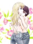 2_girls 2girls arm arms ass back bare_back bare_shoulders black_hair blonde blonde_hair blue_eyes female floral_background flower height_difference hug hugging jeans kirika_yumura kirika_yuumura lipstick long_hair looking_at_viewer looking_back love mireille_bouquet multiple_girls noir pants purple_hair red_eyes short_hair smile standing topless yumura_kirika yuri yuumura_kirika