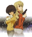 2_girls anime back-to-back black_hair blonde blonde_hair blue_eyes carrying cat female friends gun height_difference holding hug hugging kirika_yumura kirika_yuumura lipstick long_hair looking_at_viewer looking_back mireille_bouquet multiple_girls noir pants parted_lips red_eyes short_hair smile snow snowing standing sweater weapon yumura_kirika yuumura_kirika