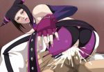  1boy 1girl belt black_hair blush capcom censored cum cum_in_orifice elbow_gloves female girl_on_top juri_han lime_(purple_haze) open_mouth purple_eyes purple_gloves purple_haze purple_nails saliva spiked_bracelet street_fighter street_fighter_iv super_street_fighter_iv sweat torn_clothes twintails vaginal 