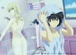 2girls anime arm_up arms arms_up art ass back backboob bare_back bare_legs bare_shoulders bath bathroom bathtub black_hair blonde blonde_hair blue_eyes breasts brown_eyes brown_hair clothed_female_nude_female collarbone drying female female_only foam gun hair handgun highres holding hose kirika_yumura kirika_yuumura legs long_hair looking_at_another looking_at_viewer looking_back mireille_bouquet multiple_girls naked_towel noir nude nude_cover official_art red_eyes shiny shiny_skin short_hair shower smile soap_bubbles standing steam thighs towel towel_on_head wallpaper water weapon yumura_kirika yuri yuumura_kirika