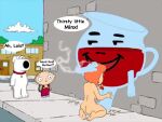  big_breasts brian_griffin cartoon_milf cheating_wife crossover family_guy fellatio kneel kneeling kool-aid_man lois_griffin red_hair stewie_griffin topless_(female) 