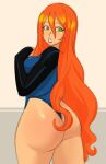  1girl 2020s 2023 adult aged_up ass_focus back_view ben_10 big_ass cartoon_network dat_ass donchibi future_gwen_tennyson green_eyes gwen_tennyson large_hair long_hair looking_at_viewer red_hair young_adult 