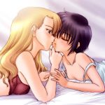 2_girls 2girls arm arm_grab arm_support arms art artist_request babe bare_shoulders bed black_hair blonde blonde_hair blue_eyes blush bra breast_press breasts camisole chin_grab clenched_hand closed_eyes collarbone female hair hand_holding incipient_kiss kirika_yumura kirika_yuumura kiss lingerie lips long_hair looking_at_another love lying midriff mireille_bouquet multiple_girls mutual_yuri neck nightgown noir on_stomach open_mouth parted_lips purple_hair red_bra short_hair strap_slip yumura_kirika yuri yuumura_kirika