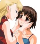  2_girls 2girls arm arm_grab arms art bad_id bare_shoulders black_hair blonde blonde_hair blue_eyes blush bob_cut brown_eyes brown_hair camisole collarbone eye_contact female green_eyes hair half-closed_eyes hand_on_another&#039;s_cheek hand_on_another&#039;s_face hand_on_face hands_on_another&#039;s_cheeks hands_on_another&#039;s_face hands_on_face height_difference incipient_kiss kirika_yumura kirika_yuumura long_hair looking_at_another looking_down looking_up love lowres mireille_bouquet multiple_girls neck noir open_mouth parted_lips short_hair simple_background sleeveless sleeveless_turtleneck tank_top turtleneck umekichi white_background yumura_kirika yuri yuumura_kirika 