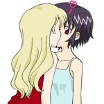 2_girls 2girls arm arms art artist_request black_hair blonde_hair camisole collarbone female heart kirika_yumura kirika_yuumura kiss kissing long_hair love mireille_bouquet multiple_girls noir red_eyes short_hair simple_background sleeveless_turtleneck surprised tagme turtleneck white_background yumura_kirika yuri yuumura_kirika