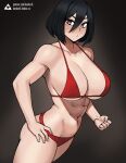 1girl 1girl 2d abs alluring alternate_breast_size athletic_female attack_on_titan big_breasts bikini black_hair breasts donburikazoku female_abs fit_female light-skinned_female light_skin looking_at_viewer mikasa_ackerman red_bikini shingeki_no_kyojin short_hair thighs