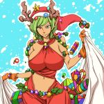 1girl bare_shoulders blue_eyes breasts christmas curvy female gift gloves green_hair hat hataraki_ari horns huge_breasts midriff navel short_hair solo standing wide_hips