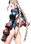 1girl ass back_cutout blonde_hair blue_eyes blue_leotard braid cammy_white capcom female fingerless_gloves garrison_cap gloves hand_on_hip hat highleg_leotard iwai_ryou leotard panties scar solo standing street_fighter thong thong_leotard twin_braids underwear