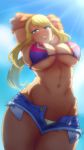 akairiot arms_up beauty_mark bikini bikini_top blonde_hair blue_eyes blush breasts busty cleavage female female_only fully_clothed huge_ass huge_breasts human large_breasts long_hair looking_at_viewer looking_back looking_pleasured metroid midriff mole mole_under_mouth navel nintendo panties samus_aran shorts smile smug solo standing tied_hair undressing unzipped voluptuous wide_hips