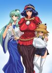 3_girls 3girls arm_around_shoulder blonde_hair blue_hair blush breasts cosine curvy dress female frog_hair_ornament green_eyes green_hair hair_ornament hands_in_sleeves hat headband height_difference high_res highres huge_breasts kochiya_sanae leaf long_hair long_skirt minidress moriya_suwako multiple_girls red_eyes rope shimenawa short_dress short_hair side_slit skirt snake_hair_ornament stockings thighhighs touhou wide_sleeves yasaka_kanako zettai_ryouiki