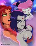 3_girls big_breasts crop_top dc_comics grabbing_from_behind jinx licking_lips naughty_face piercing raven_(dc) revealing_clothes sirbanshee starfire teen teen_titans voluptuous_teen young_adult yuri