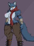 1girl 1girl abs absurd_res anthro bandage bandaged_arm belt bergamo big_breasts blue_body blue_fur boots bottomwear breasts canid canine canis clothing crossgender dragon_ball dragon_ball_super female_bergamo footwear fur high_res inner_ear_fluff mammal methados muscular muscular_anthro muscular_female nipples pants scarf simple_background smile standing tuft wolf yellow_eyes