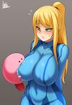 1girl big_breasts blonde_hair blue_eyes breast_sucking breasts female_focus high_res jmg kirby kirby_(series) long_hair mature mature_female meme metroid nintendo patreon patreon_paid patreon_reward samus_aran solo_female video_game_character video_game_franchise zero_suit zero_suit_samus