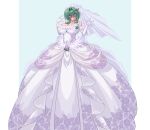 1girl bare_shoulders breasts bride capcom cleavage demon_girl dress elbow_gloves female gloves great_magami green_hair highres huge_breasts long_skirt morrigan_aensland purple_eyes simple_background skirt solo standing succubus vampire vampire_(game) veil wedding_dress