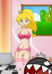  blonde_hair blue_eyes chain_chomp crown earrings elbow_gloves garter_belt garters hair inviting light_skin lingerie mr._j mr._j_(artist) navel nintendo ponytail princess_peach super_mario super_mario_bros. thigh_gap 