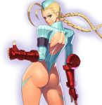 1girl 90s absurdres ahoge alternate_costume armband armpits ass back_cutout bare_shoulders beret blonde_hair blue_eyes blue_leotard braid breasts cammy_white capcom elbow_gloves female fingerless_gloves gauntlets gloves hat highleg highleg_leotard highres hips huge_ahoge huge_ass legs leotard long_hair looking_back muscle ogami scar shiny sideboob skin_tight solo street_fighter street_fighter_ii street_fighter_zero street_fighter_zero_3 thighs thong_leotard thumbs_up twin_braids wide_hips