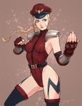  1girl alternate_costume beckoning belt blonde_hair blue_eyes bodypaint braid cammy_white capcom cosplay elbow_gloves female fingerless_gloves gloves hat highleg_leotard highres impossible_clothes jay27 leotard looking_at_viewer m_bison m_bison_(cosplay) peaked_cap red_leotard scar shoulder_pads simple_background solo street_fighter street_fighter_iv street_fighter_iv_(series) thighhighs twin_braids 