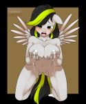  2013 anthro big_breasts black_hair blonde_hair blush breasts equine female furry hair holding_breasts kloudmutt kneel lactating looking_at_viewer mammal milk my_little_pony navel nipples nude original_character pegasus pussy solo two_tone_hair wings yellow_eyes 